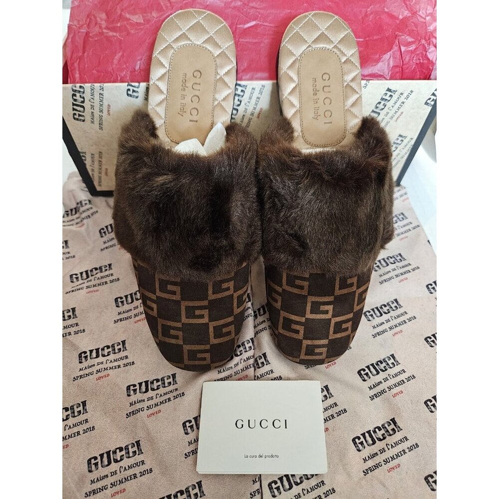 NEW GUCCI Men's Square G Fur Slippers Brown GG Monogram Slides Size 8 Italy